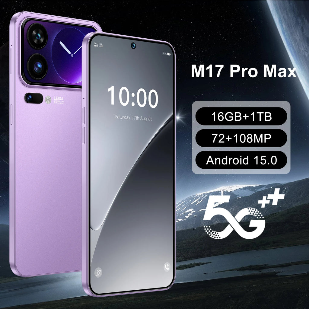 Close-up of M17 Pro Max 5G smartphone showing metallic frame, tactile side buttons, and refined port design.