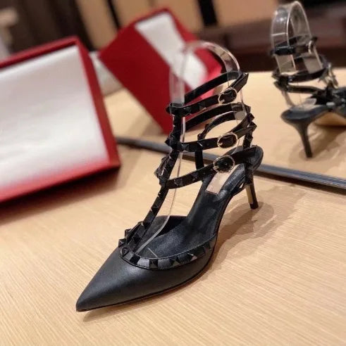 High-heel studded leather women's pumps, painted leather sexy women's sandals