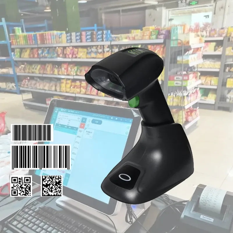 Handheld barcode QR code scanner with display and trigger button, black body