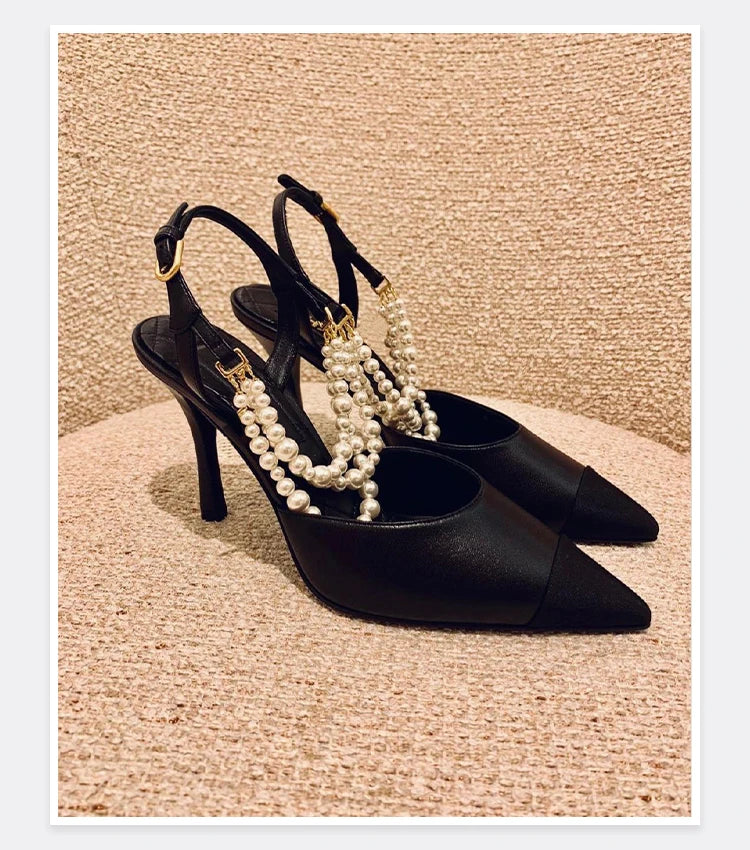 2026 Summer New Pointed High Heels Color Blocked Pearl Chain Toe Women's Sandals