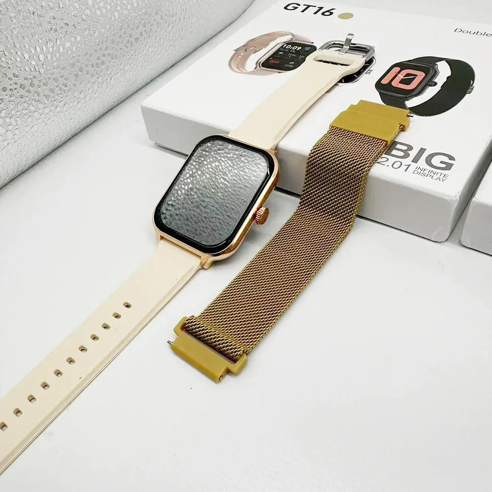Fashion Smart Watch GT16 Fitness Tracker 2.01inch TFT Display IP68 Waterproof Android Relojes Smartwatch with Double Straps - Tidesmit