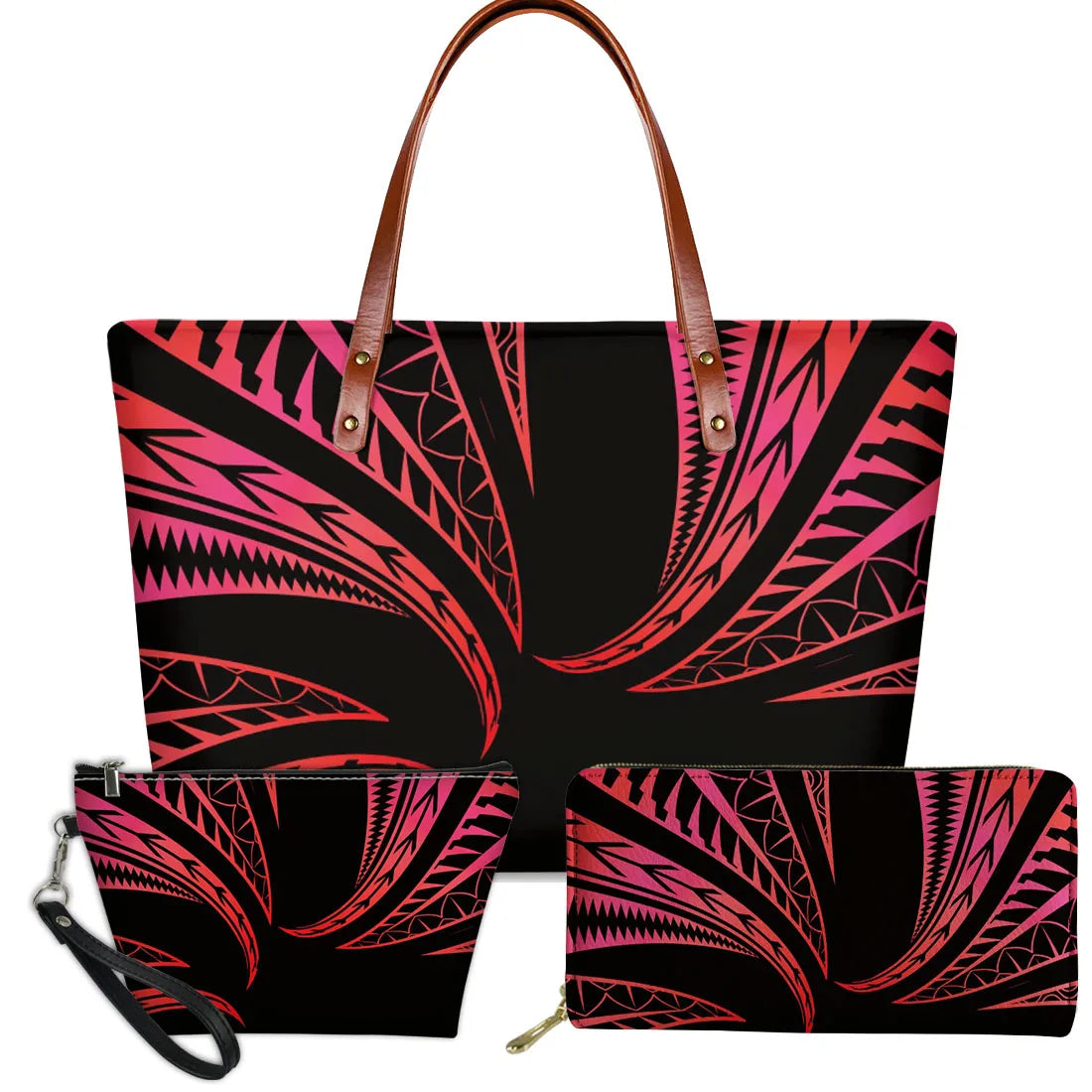 3pc handbag set in black and pink with traditional Polynesian tribal patterns and brown shoulder straps.