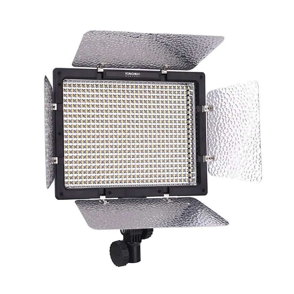 Rectangular LED video light with silver textured barn doors and a black frame on a mounting bracket.