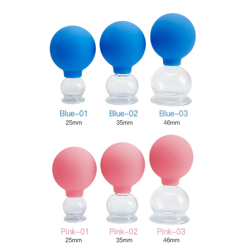 Six vacuum cupping massage cups with blue or pink silicone bulbs and clear glass bases, shown in three varying sizes.