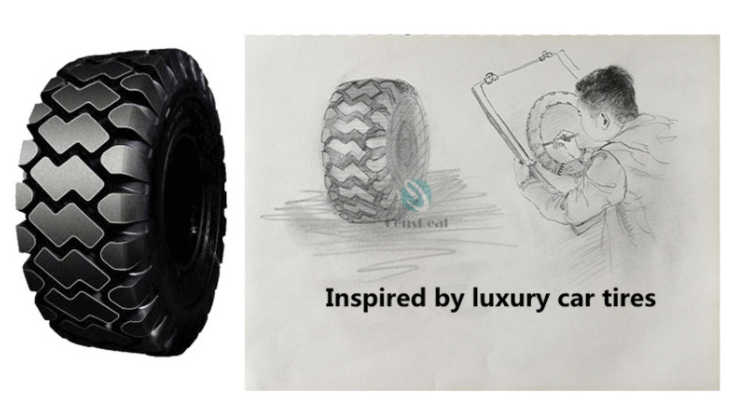 Black rubber industrial tire with a thick zigzag tread pattern, next to a pencil sketch of a designer drawing the tire.