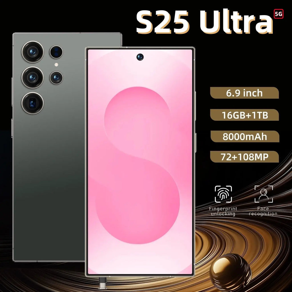 Tidesmit S25 Ultra 5G smartphone with 22GB RAM and 2TB storage, featuring an HD screen and dual SIM capability.