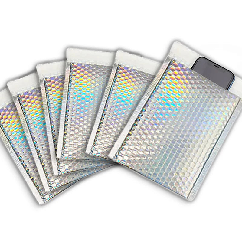 Pack of holographic padded bubble mailers with iridescent bubble pattern