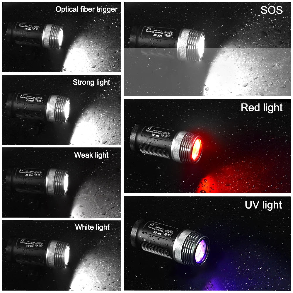Black, cylindrical MK-02 scuba dive light with various beam modes: white, red, UV, and SOS signals.