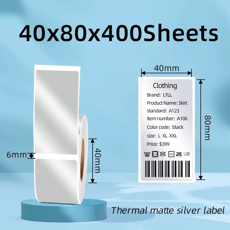 40x80mm thermal matte silver label sheets on a roll stand