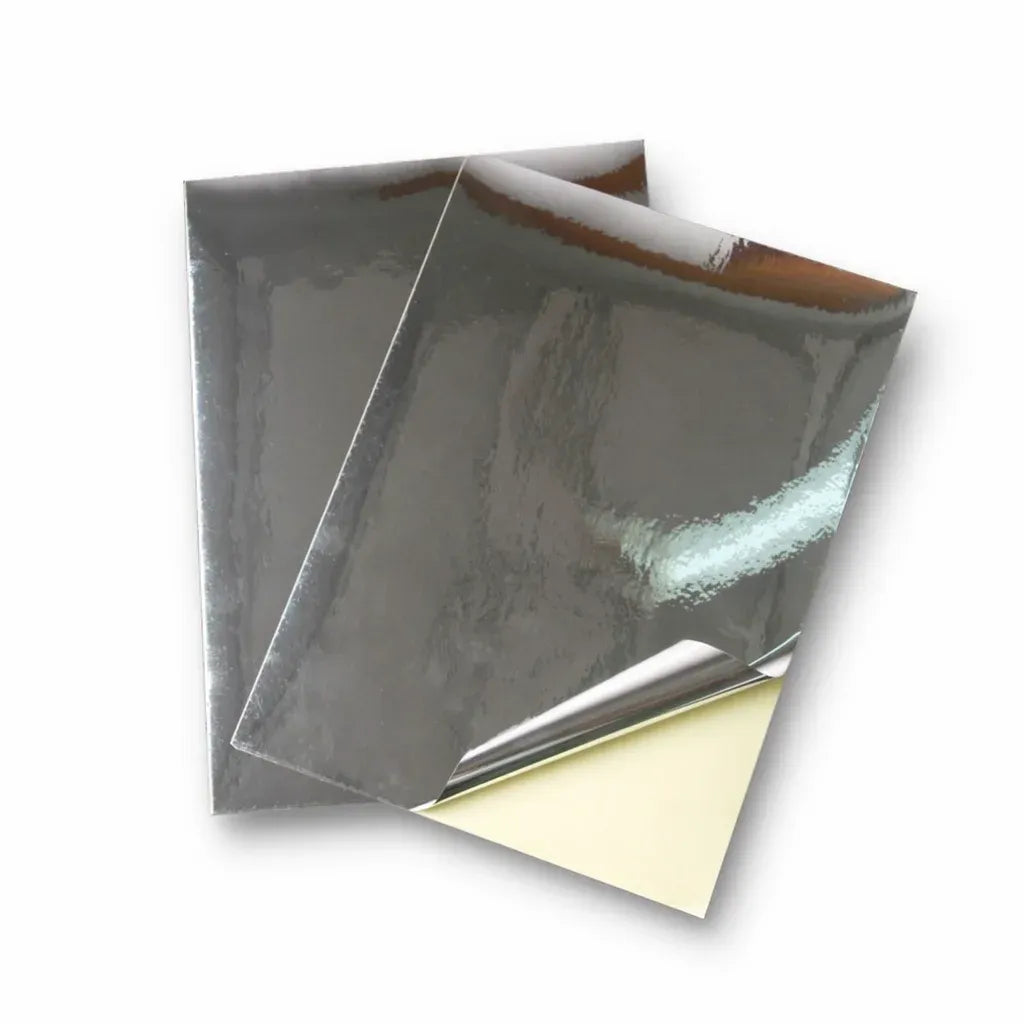 A4 glossy silver vinyl sticker paper sheets, reflective silver layer over light backing