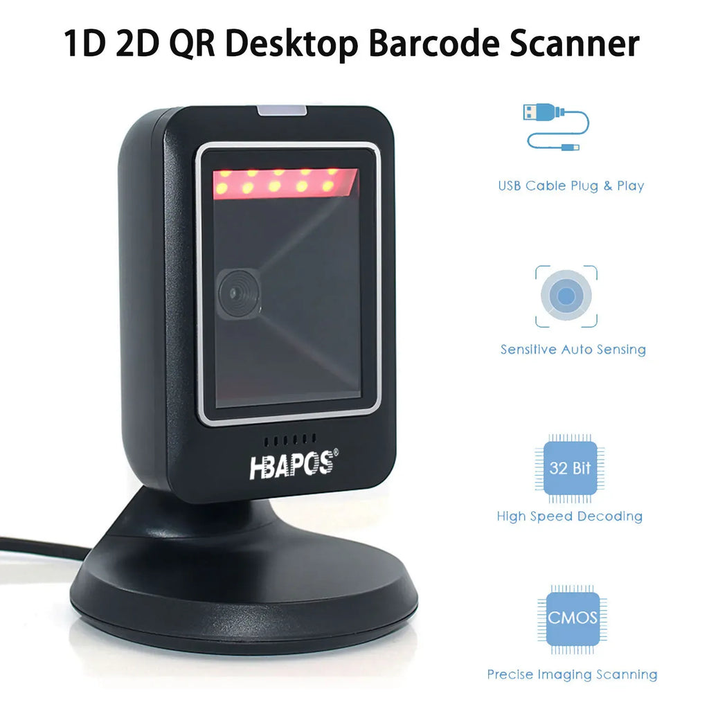 Black desktop 2D barcode scanner stand with glowing scan window, USB plug-and-play