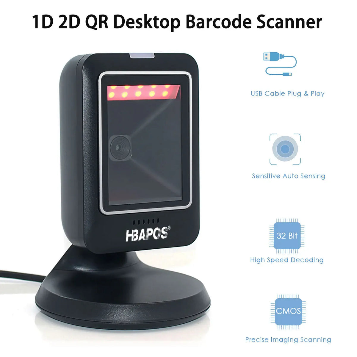 Black desktop 2D barcode scanner stand with glowing scan window, USB plug-and-play