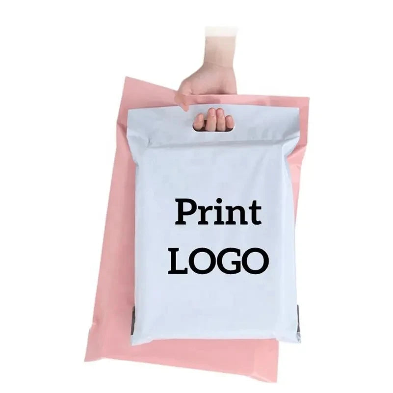 Custom poly mailer with handle, white front panel and black “Print LOGO” text