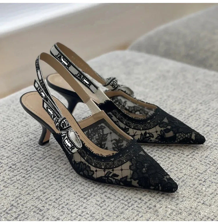 Women Shoes Sexy Stiletto Pointed Toe Transparent Mesh Embroidery Heels, Elastic Strap Evening Footwear for Club Party Occasions