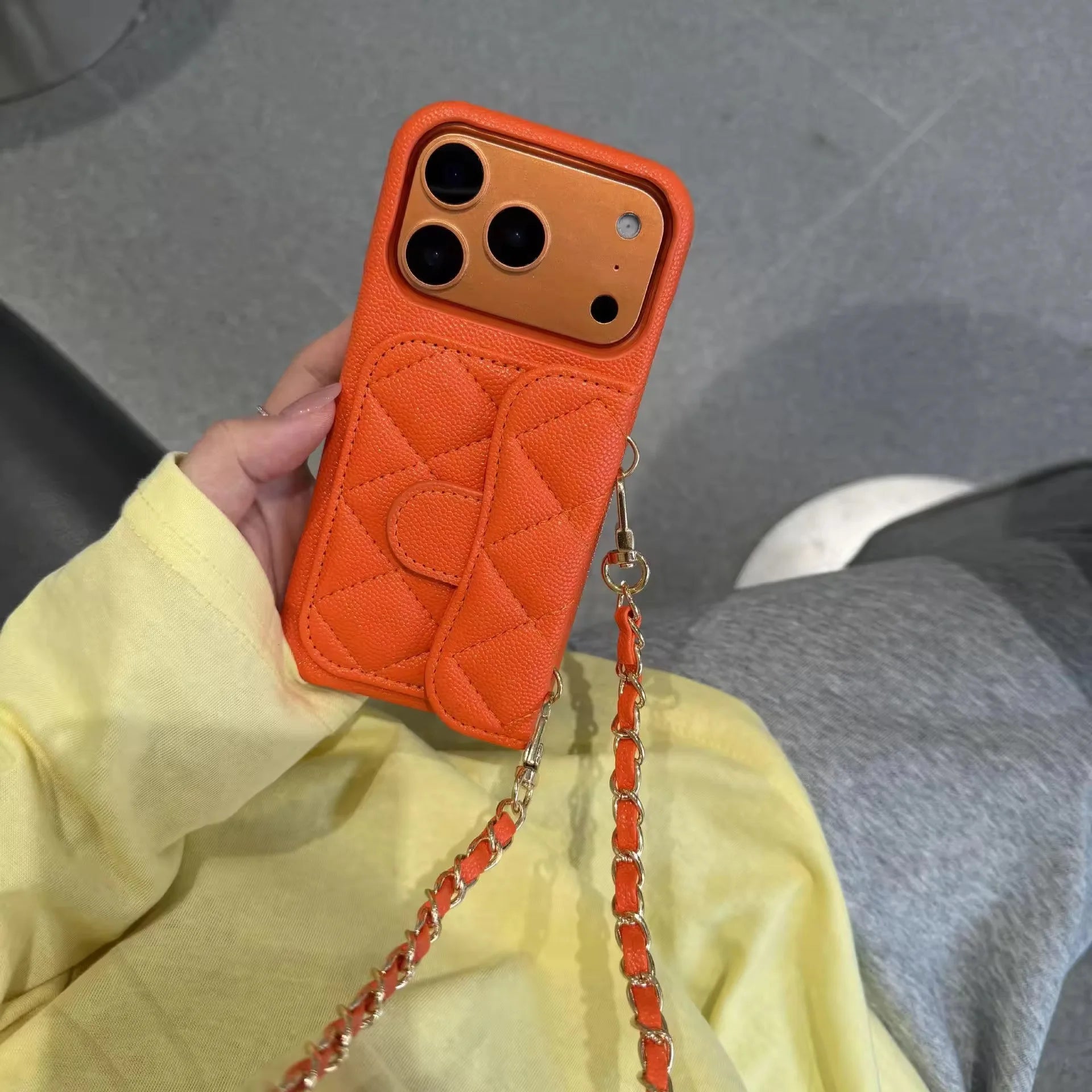 High End Embossed PU Leather Solid Color Crossbody Chain Wallet Card Anti-drop Cover Mobile Phone Cases for 15 Pro