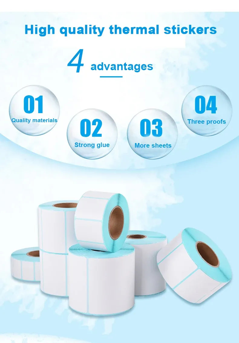 Thermal label sticker rolls with blue backing, blank labels for printing