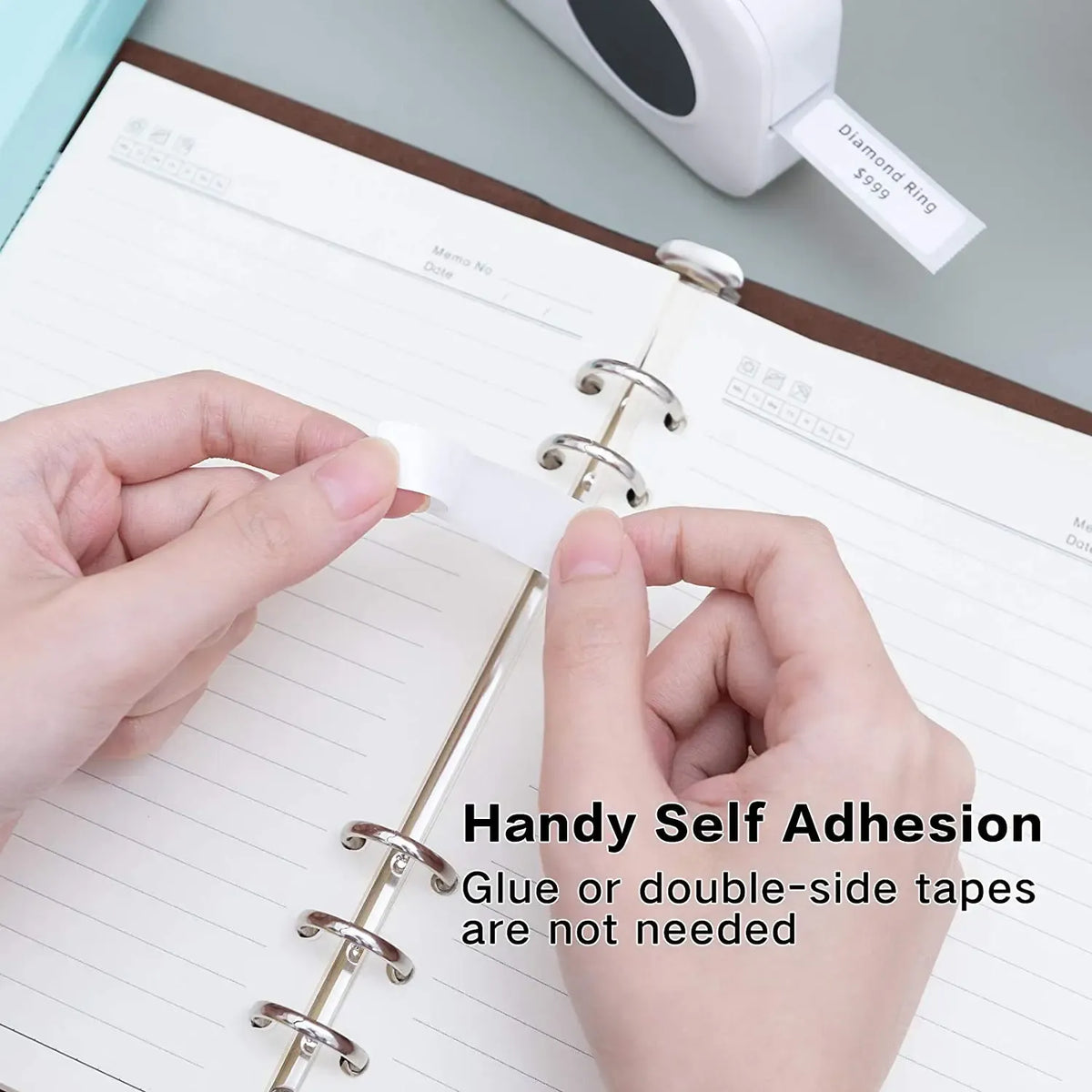 Hands applying white thermal labels from a roll to paper