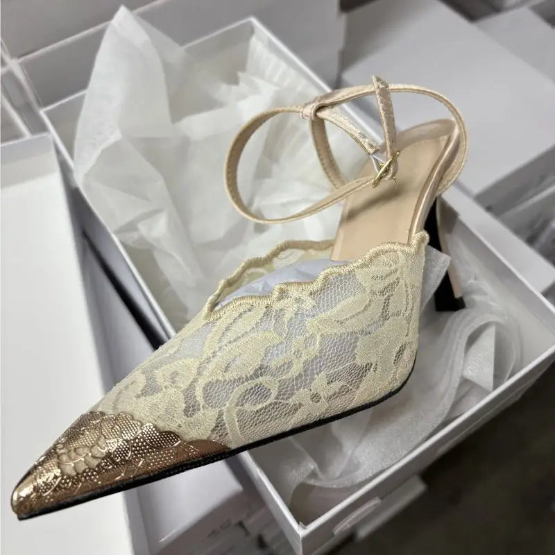Women's Elegant Black Lace Stiletto Heels Pointed Toe Ankle Strap Metallic Cap Party Wedding Pumps