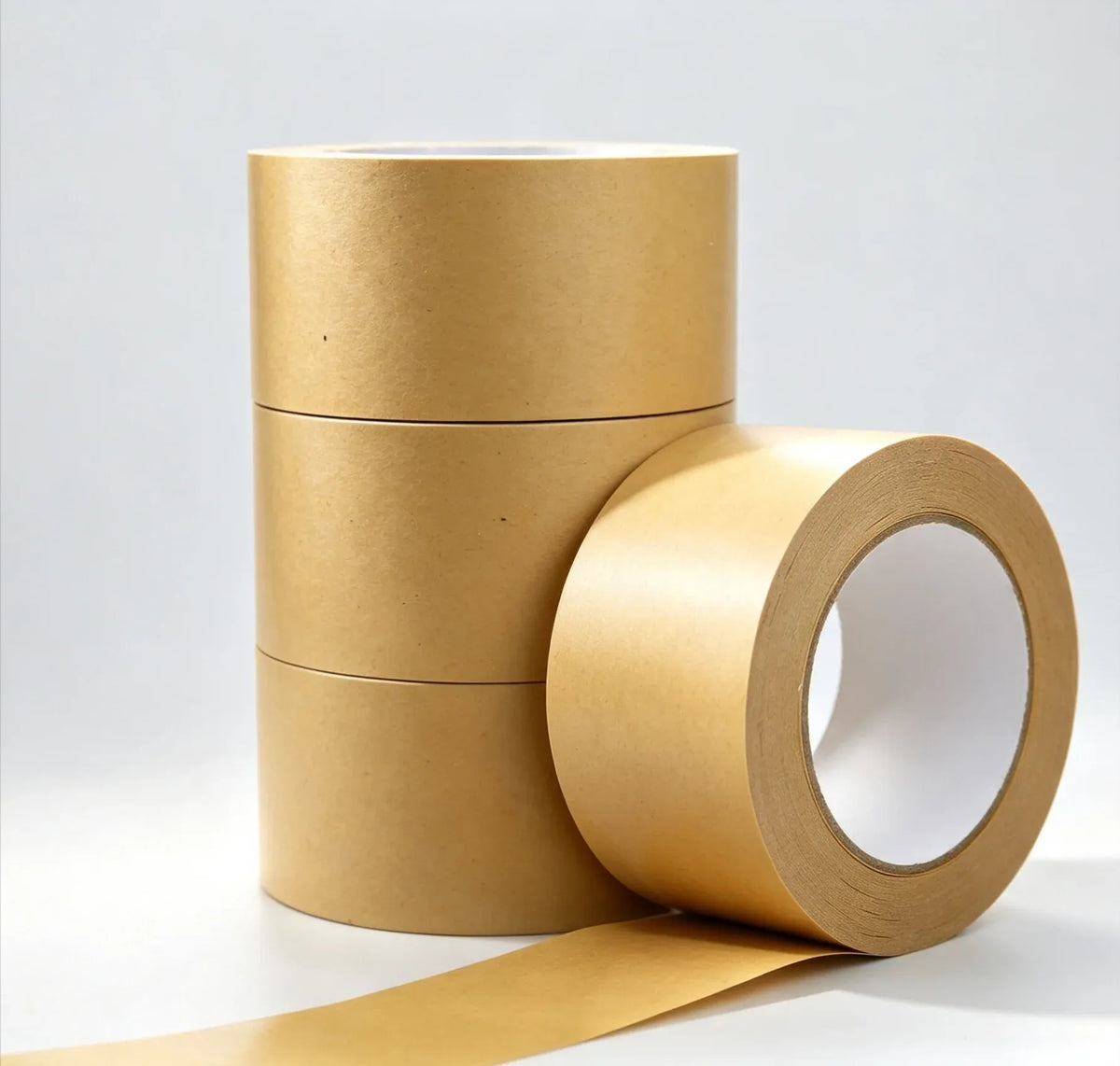 Brown kraft paper adhesive tape, 48mm, stacked rolls with protruding loose strip