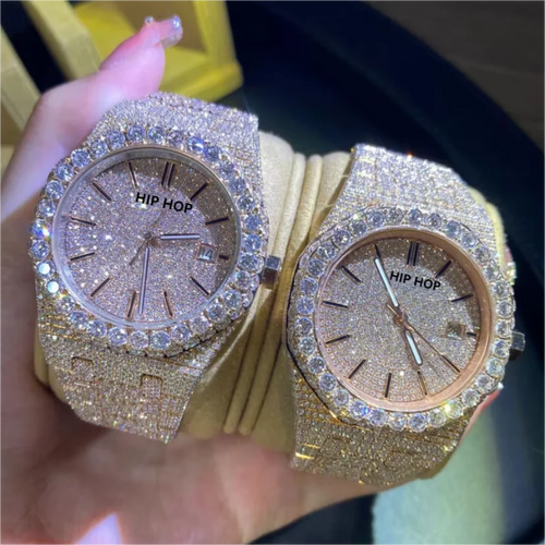 Luxury 18K rose gold automatic mechanical watches with iced-out moissanite diamond bezels and pavé-set bracelets.