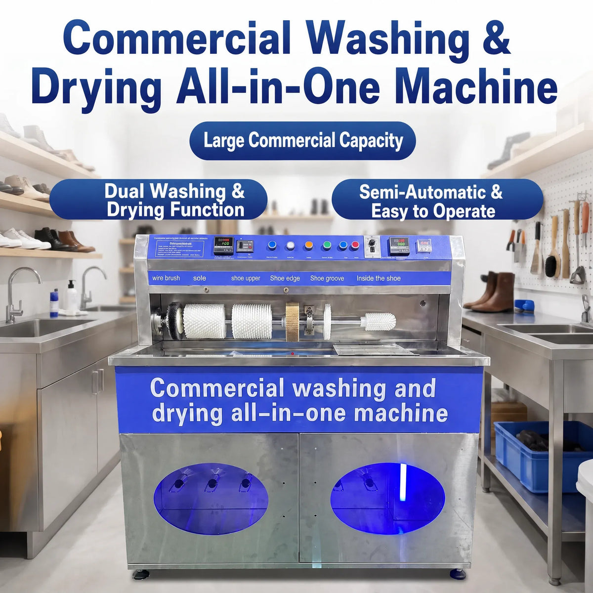 Commercial Shoe Washing and Drying Machine with Multiple Brushes
