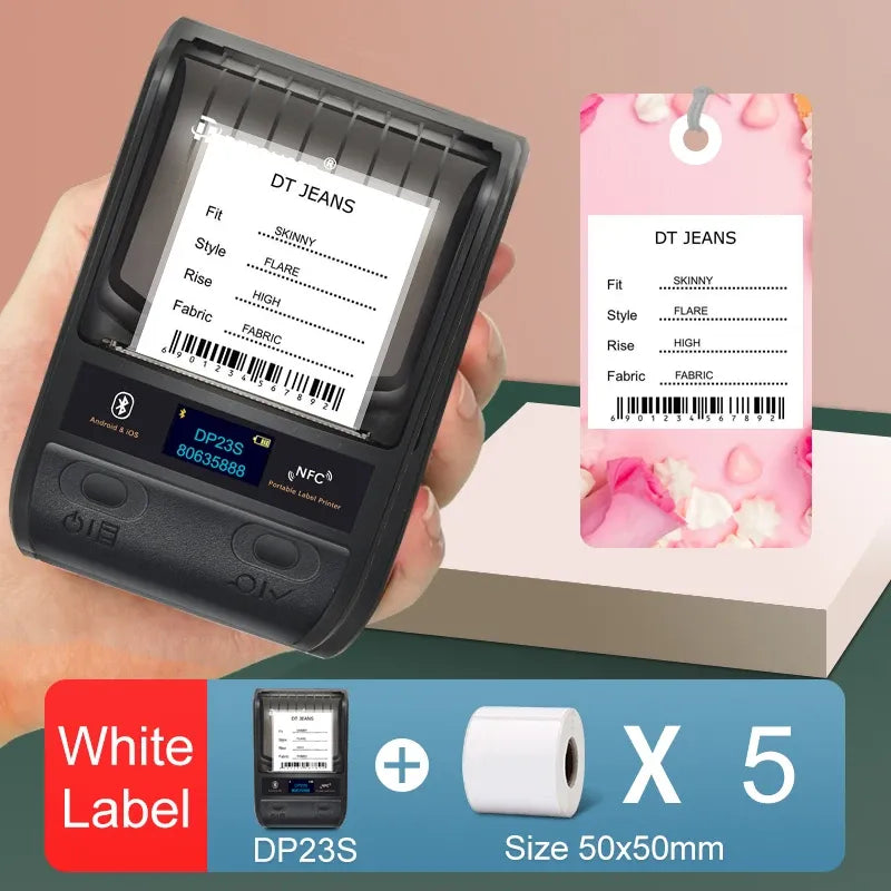 DETONGER DP23S label printer holding a white clothing size label card