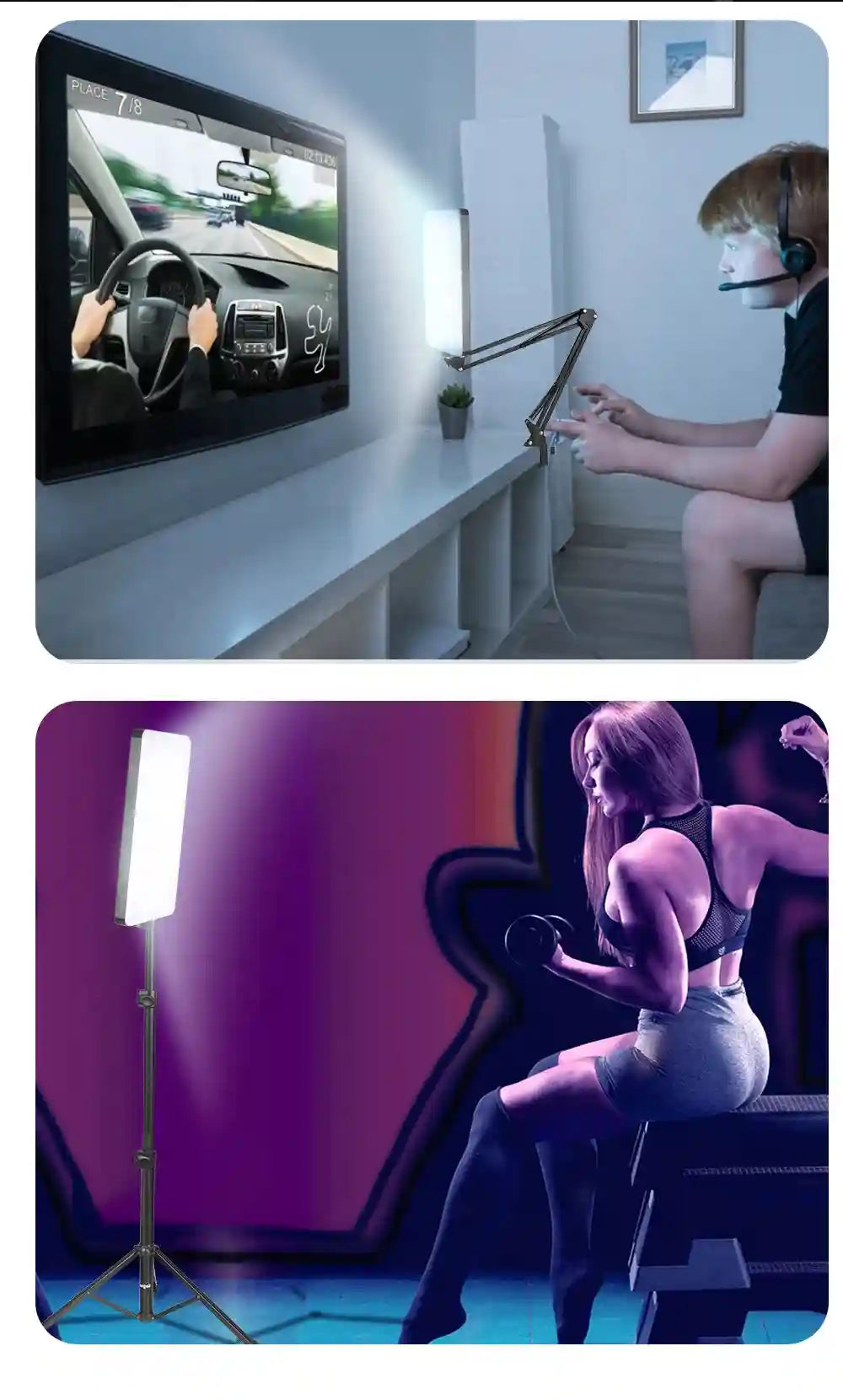 LED panel light on adjustable metal stand, used for gaming setup and fitness photography lighting.