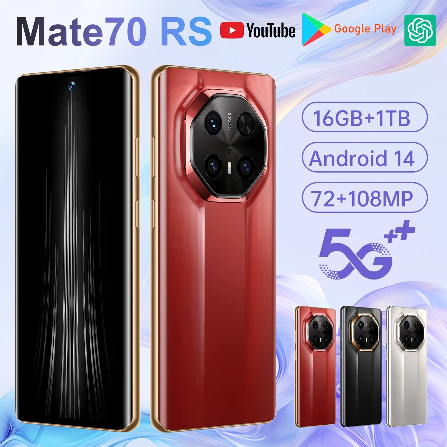 Brand New 5G for MT 70 RS Deca Core Smartphone 7.3 Inch 144Hz Curved Screen 16GB+1TB Memory 108MP Rear English Spanish - Tidesmit