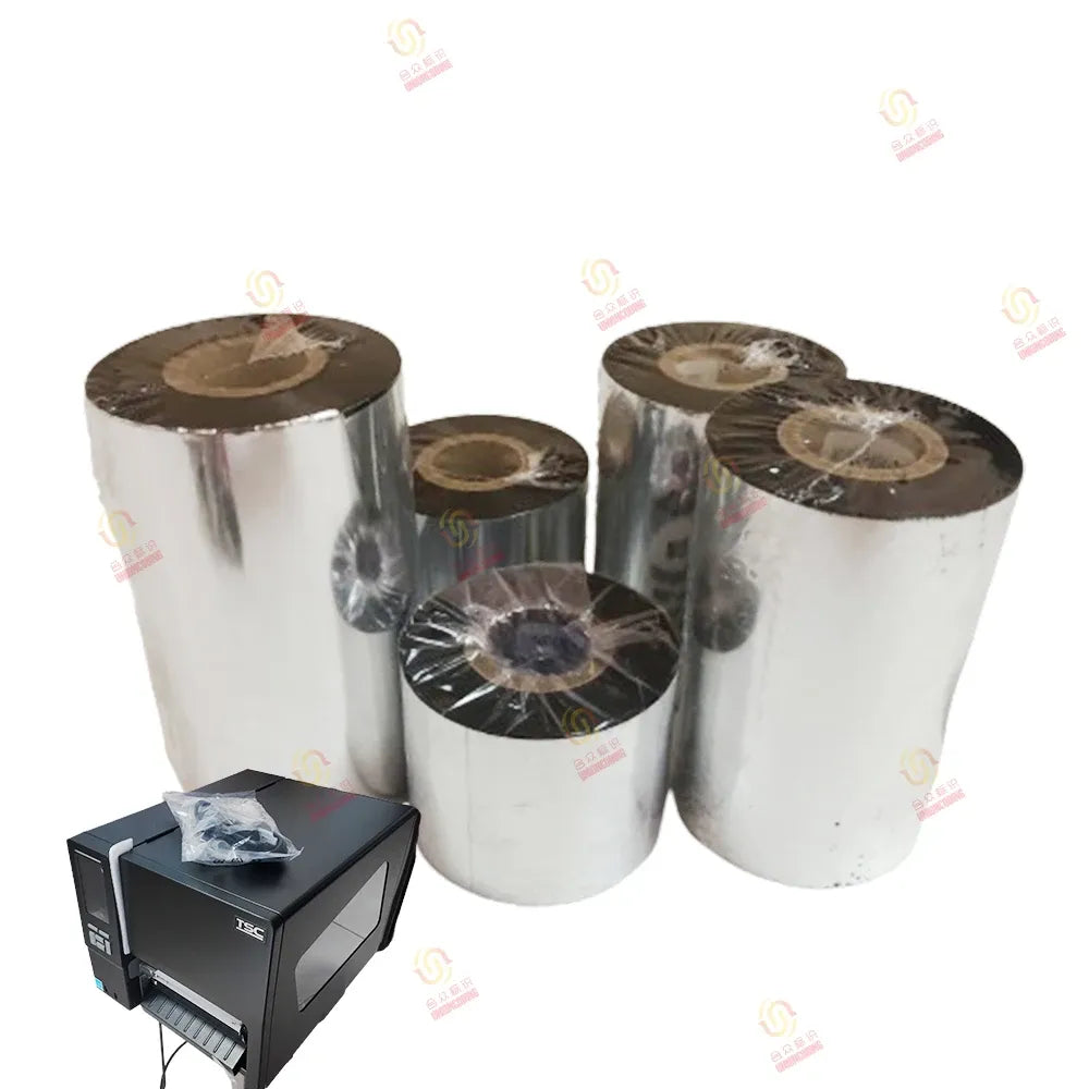 Pack of silver thermal transfer ribbon rolls with dark cores