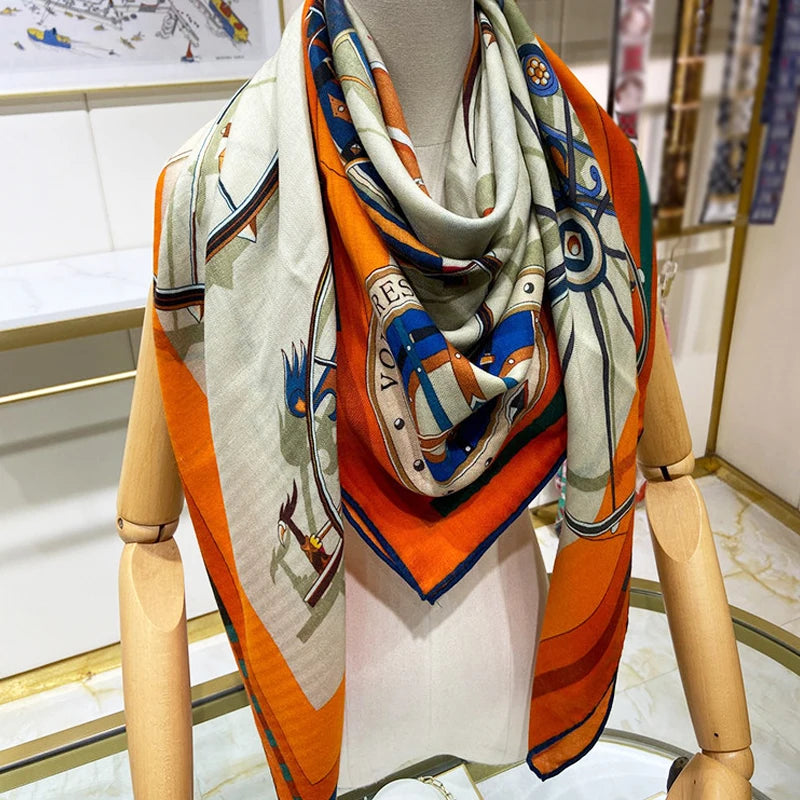 Luxurious 140x140cm Large Square Small Carriage Printed Cashmere Silk Scarf Gift Specially Designed for Elegant Individuals