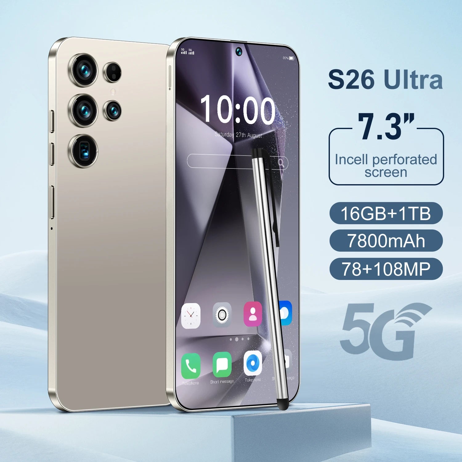 Unlocked S26 ULTRA 5G Mobile Phone 7.3 Inch Screen 108MP Camera 7800mAh Battery Dual Sim 1TB ROM Smart Features - Tidesmit