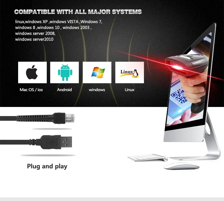 Handheld barcode scanner with plug-and-play USB cable and supported system icons