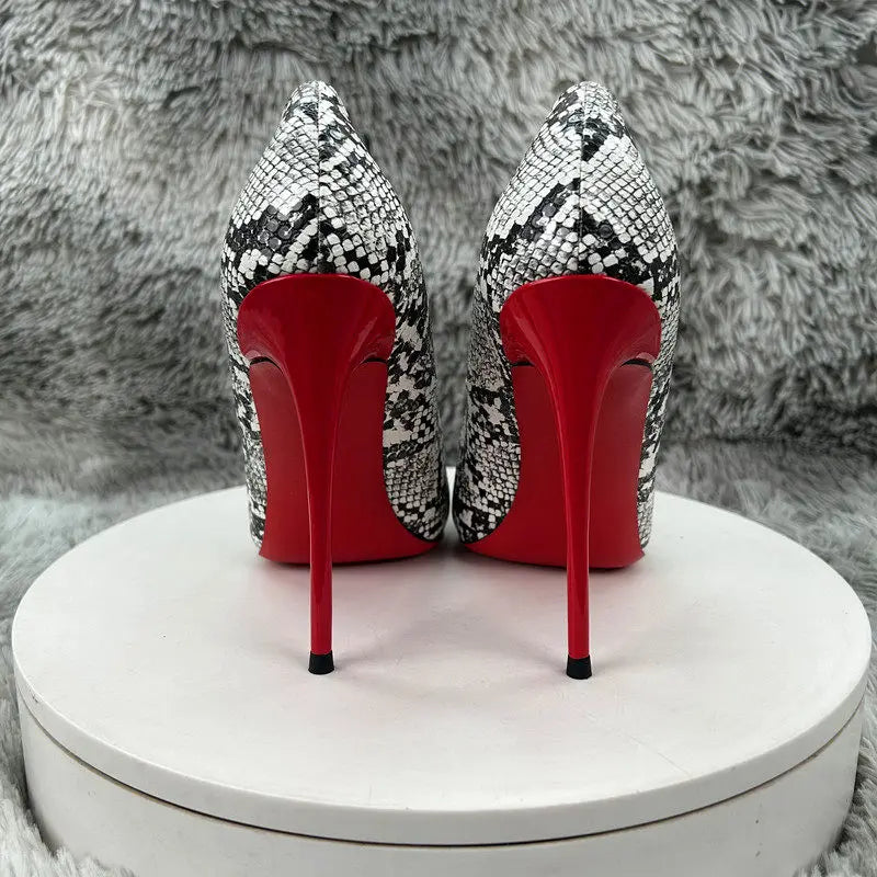 European American Style Animal Print 10cm/12cm Pointed Toe Slip-On Stiletto Heel Red Bottom Thin Rubber Outsole Women's Spring