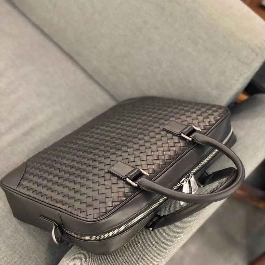 Luxury Hand-Woven Genuine Leather Briefcase Men Business Executive Laptop Bag 14 Inch Top Layer Cowhide Office Travel Handbag