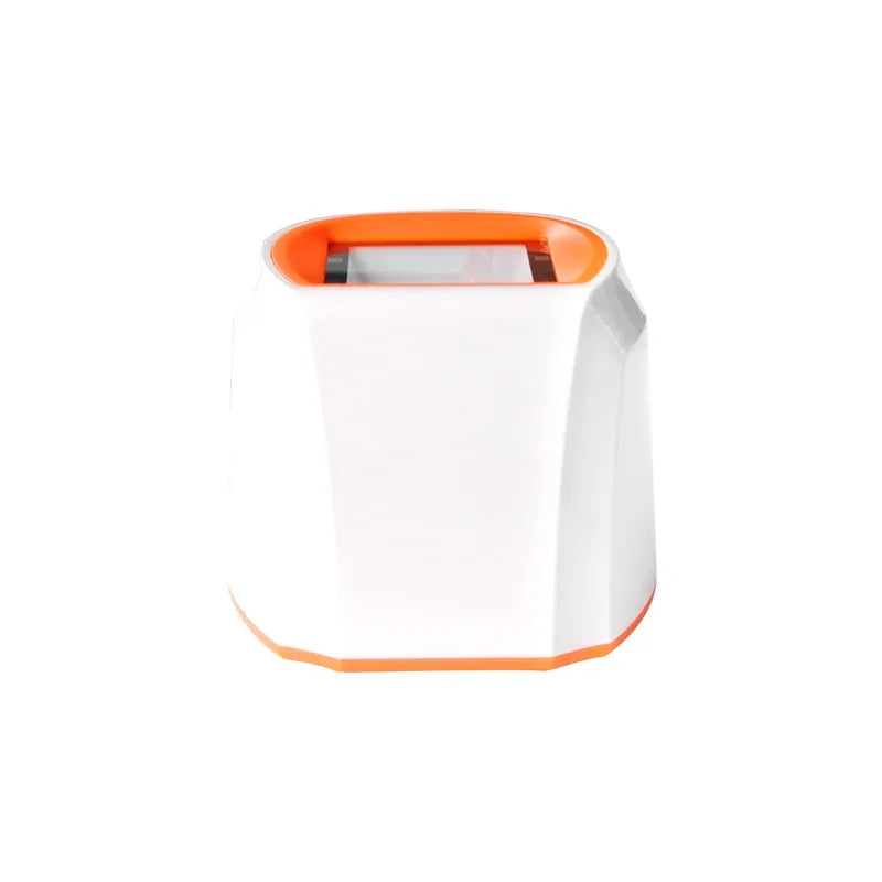 Desktop 2D barcode scanner platform with orange rim, top sensor window visible