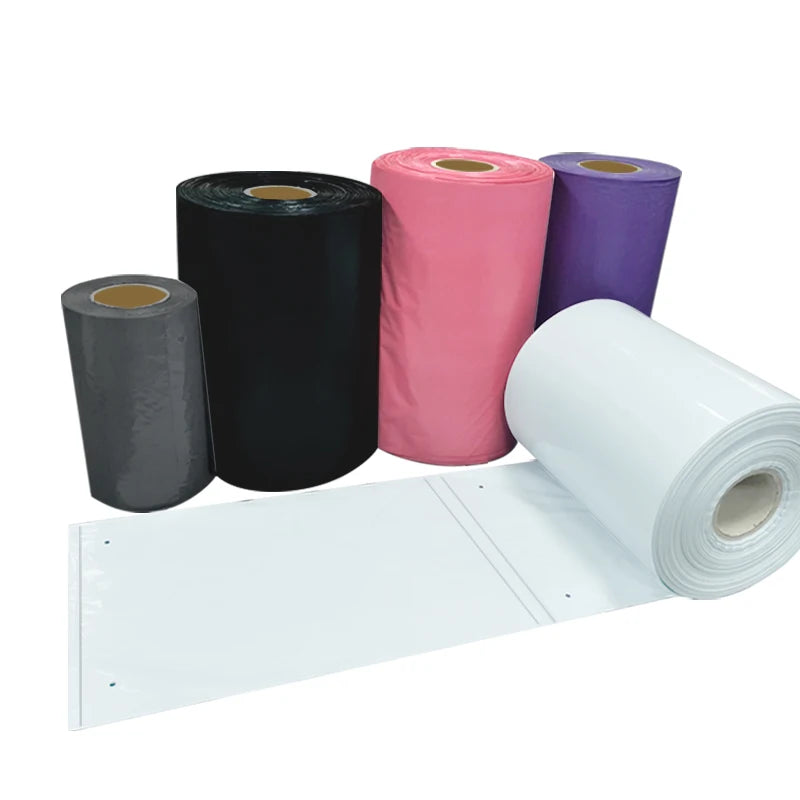 Industrial poly shipping roll bags, mixed colors: black, pink, purple, and white rolls