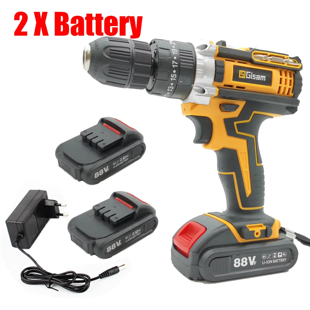 Gisam Cordless Impact Drill Electric Screwdriver Rechargeable Handheld Hammer Drill Power Tool 25+3 Torque Driver Li-ion Battery