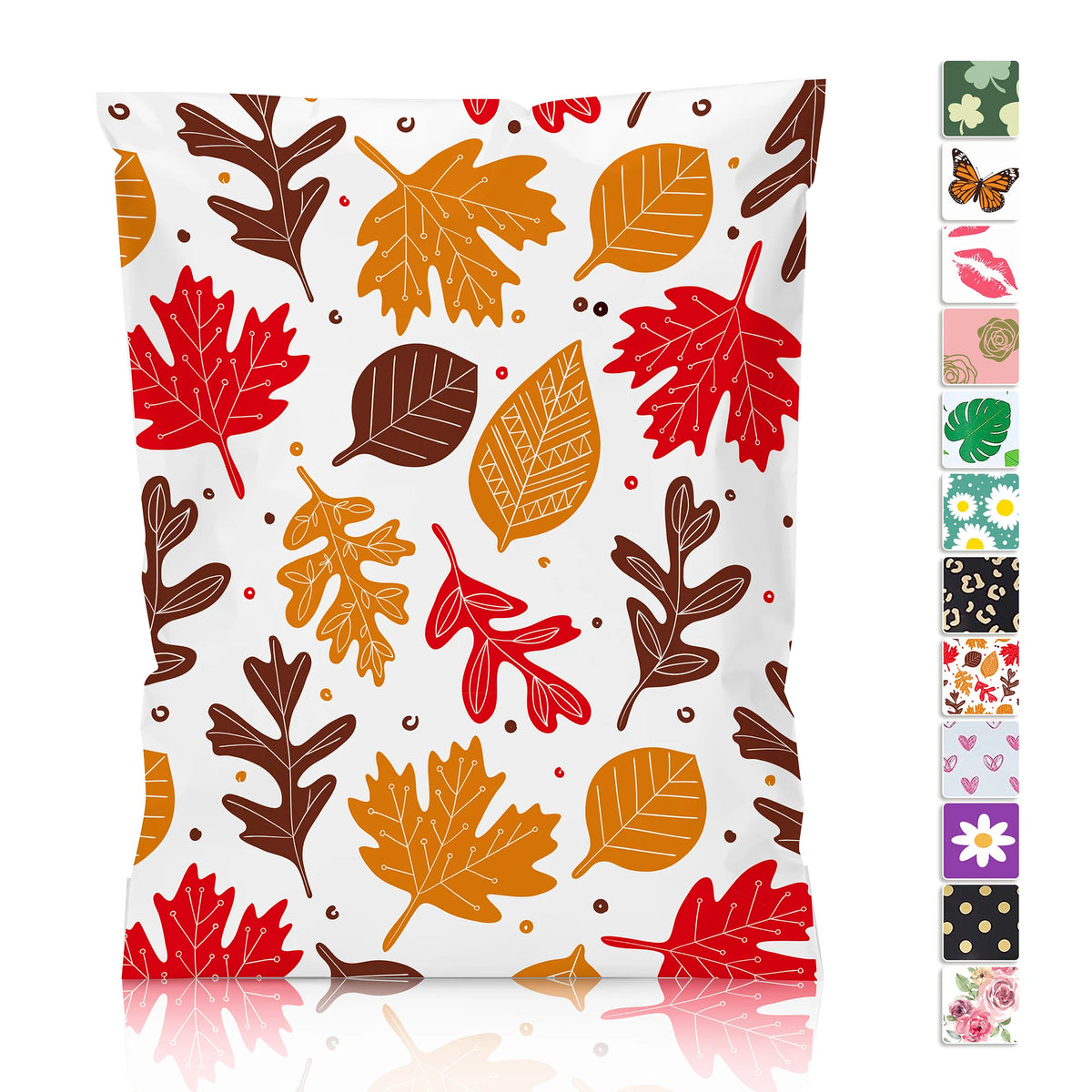 White poly mailer bag with colorful maple leaf pattern, self-adhesive sealed flap