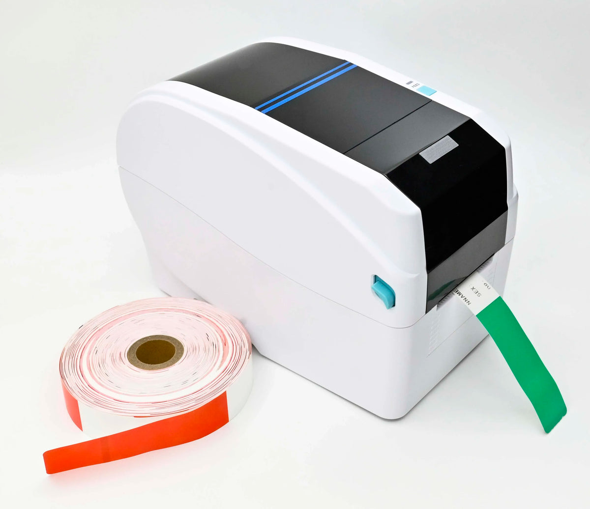 White desktop direct thermal printer with label roll and green feed strip visible.
