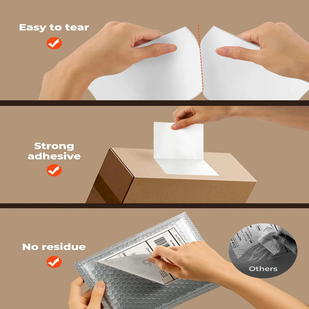 White adhesive shipping labels being applied by hand, easy to tear