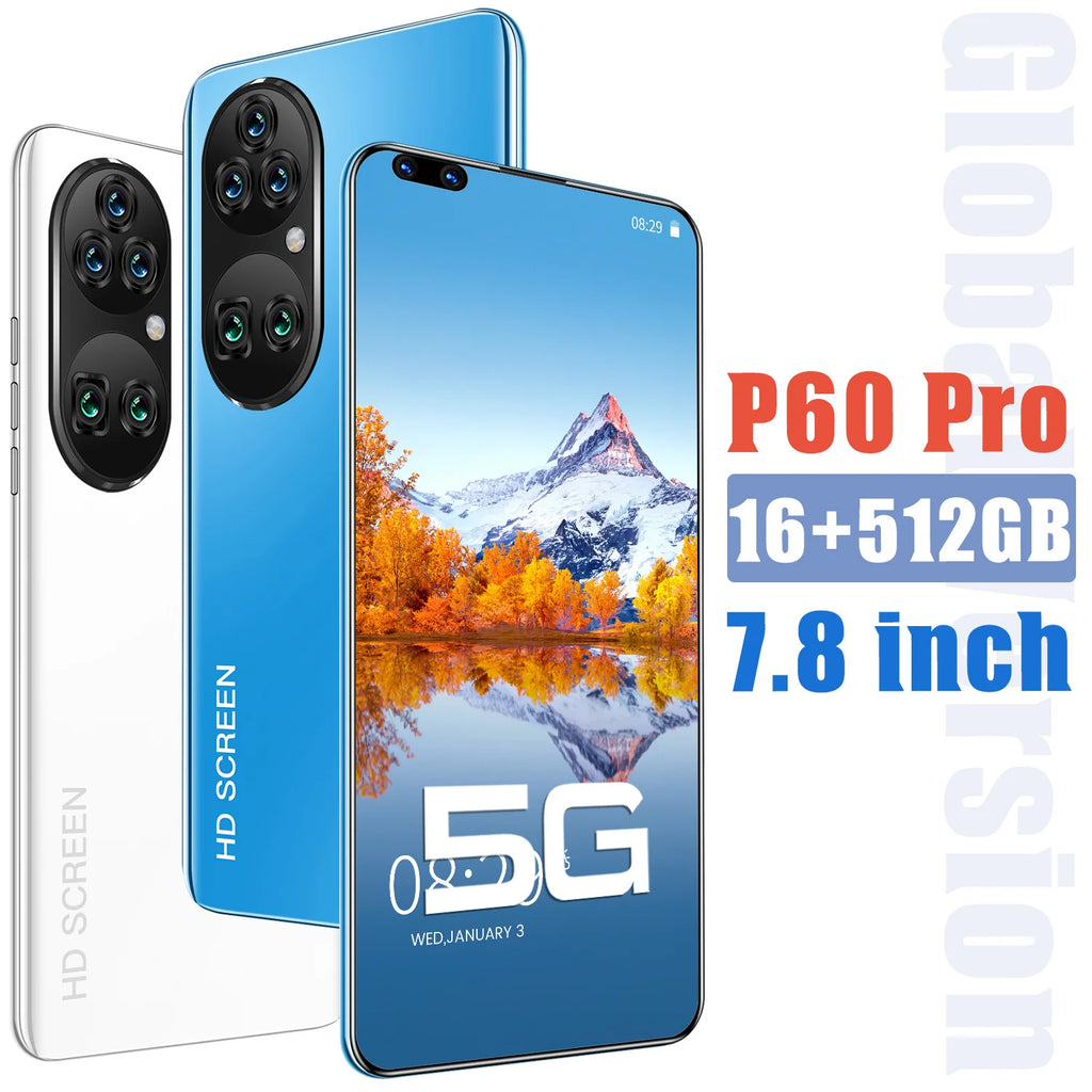 New P60 Pro 7.8 Inch 10 Core Smart Phone 16GB+512GB 4K HD GPS Navigation 5G Android SmartPhone 40+48MP Game Mobile Phone - Tidesmit