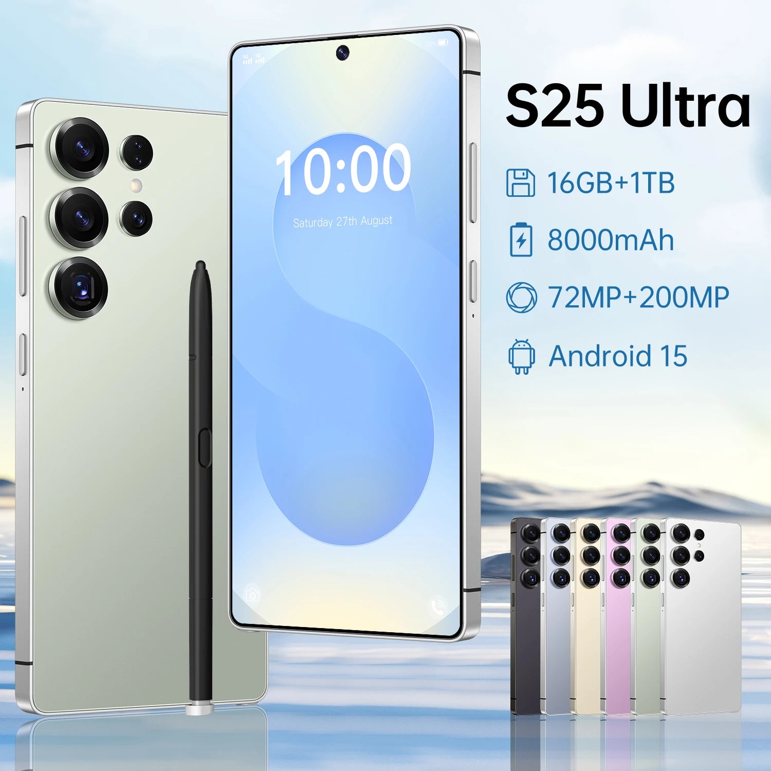 S25 Ultra 5G smartphone with 108MP camera, 16GB RAM, 1TB storage, and 8000mAh battery in sleek black finish