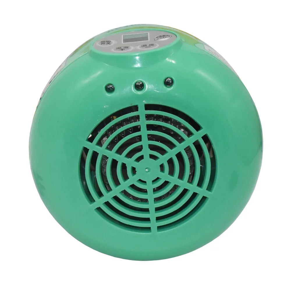 Green 300W thermostatic pet heating lamp for chickens and reptiles with digital temperature control for warm habitats.