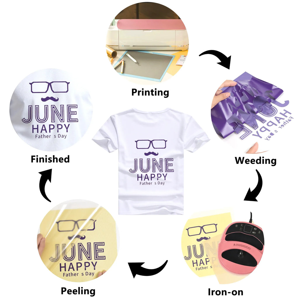 White T-shirt with graphic and heat transfer steps diagram, including peeling and ironing