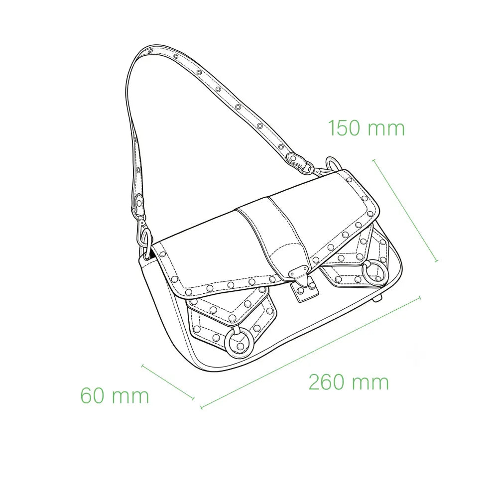 Technical line drawing of a CHOU Shanghai calf leather shoulder bag with trunk-style rivets and dual front pockets.