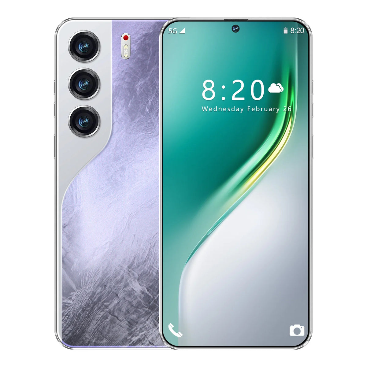 Dual SIM smartphone front and back in purple lavender color