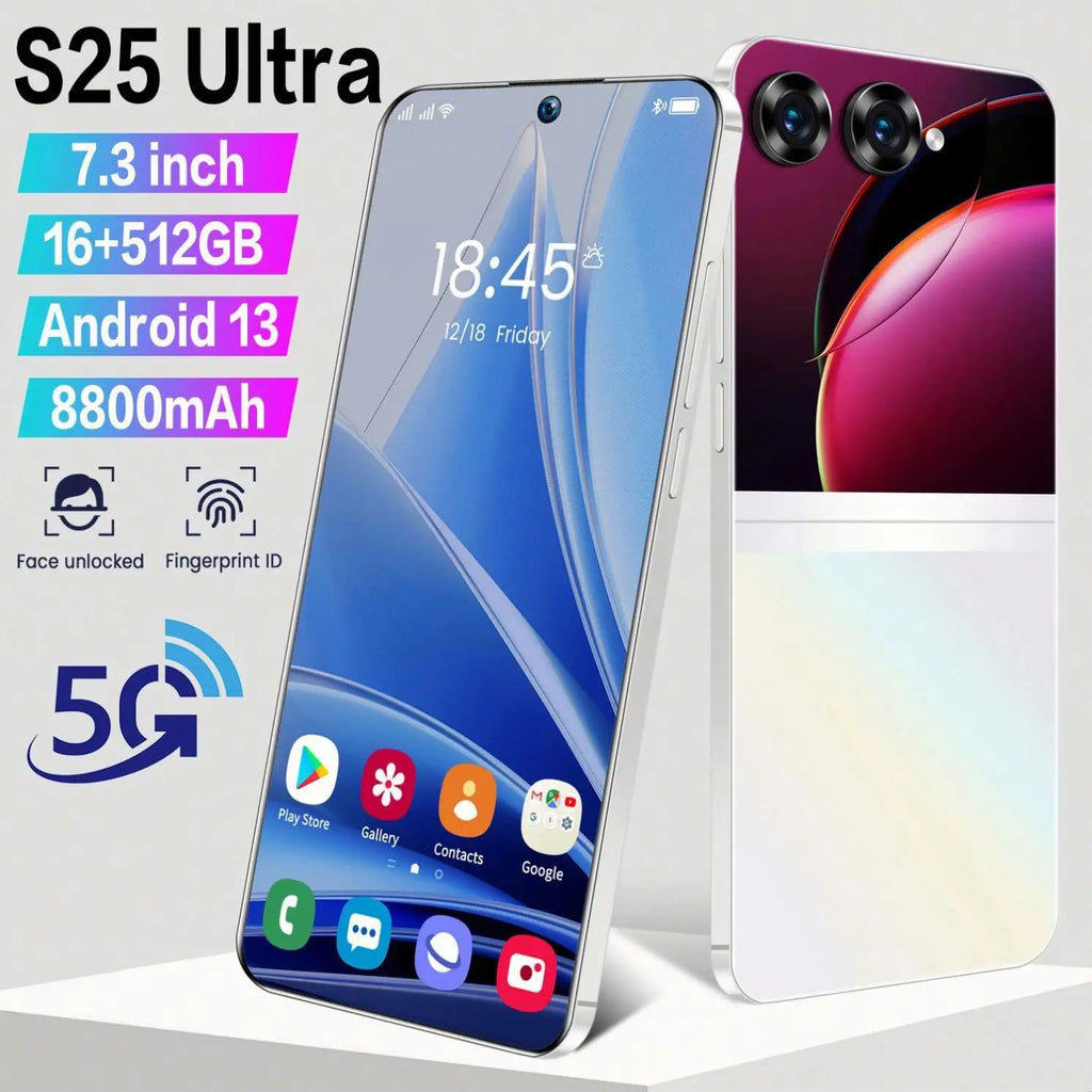 Samsung S25 Ultra 5G smartphone with 6.8 inch screen, 16GB RAM, 512GB storage, and Android 14 in premium finish.