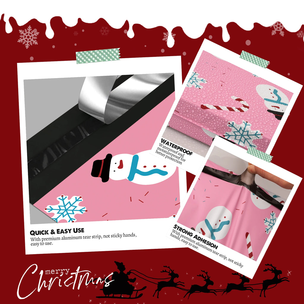 Set of light pink Christmas poly mailers with snowman and snowflake print patterns