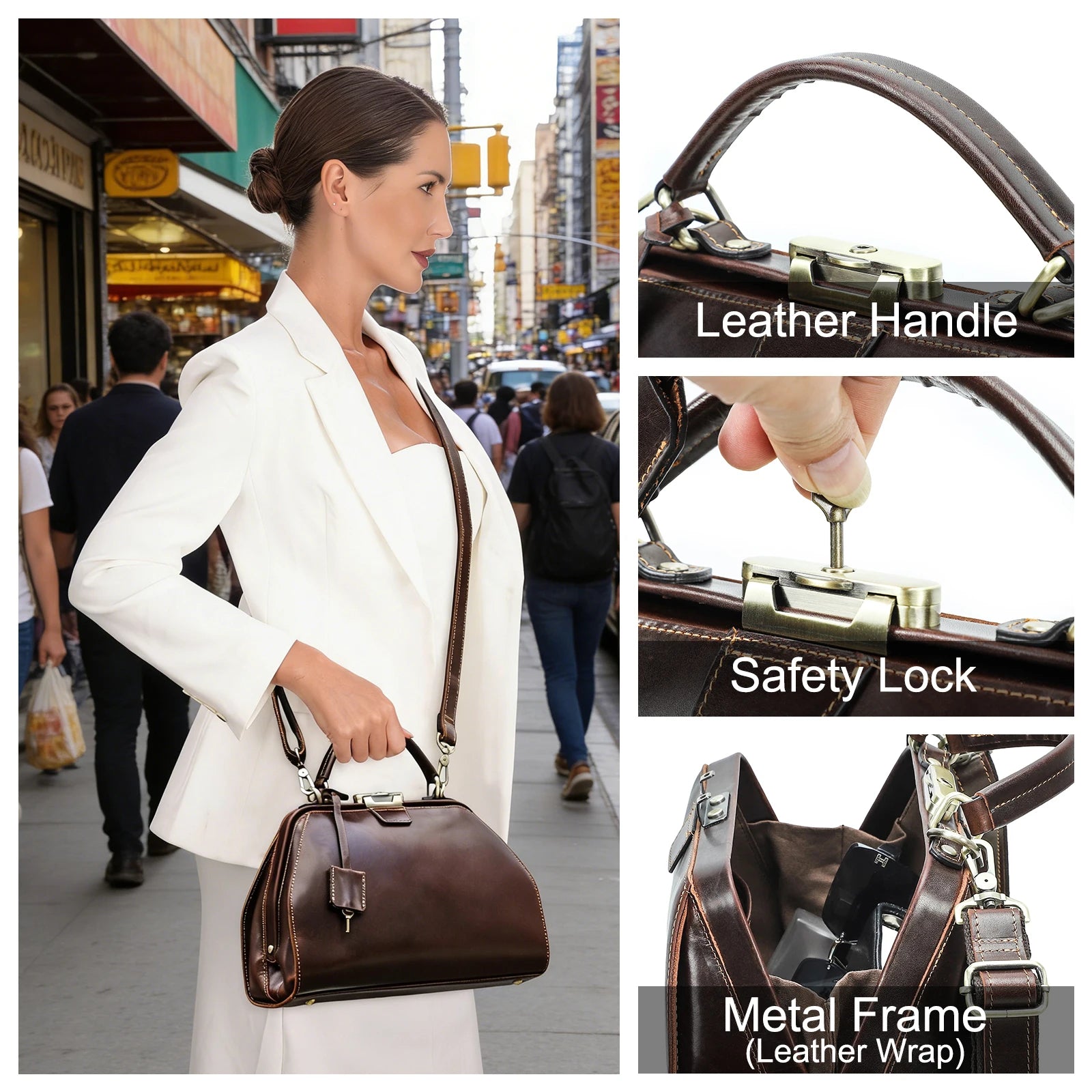 Vintage dark brown full-grain leather doctor satchel bag with metal frame, safety lock, and adjustable shoulder strap.