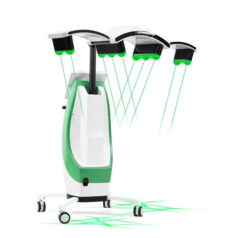 Standing LLLT fat burning machine with green laser technology for painless weight loss and body contouring on wheels.